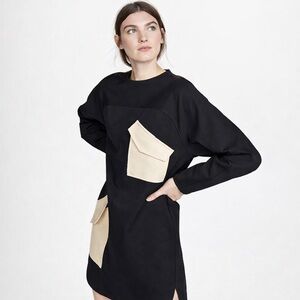 Tibi Bond Stretch Knit Patched Dress Black Ivory Size XS